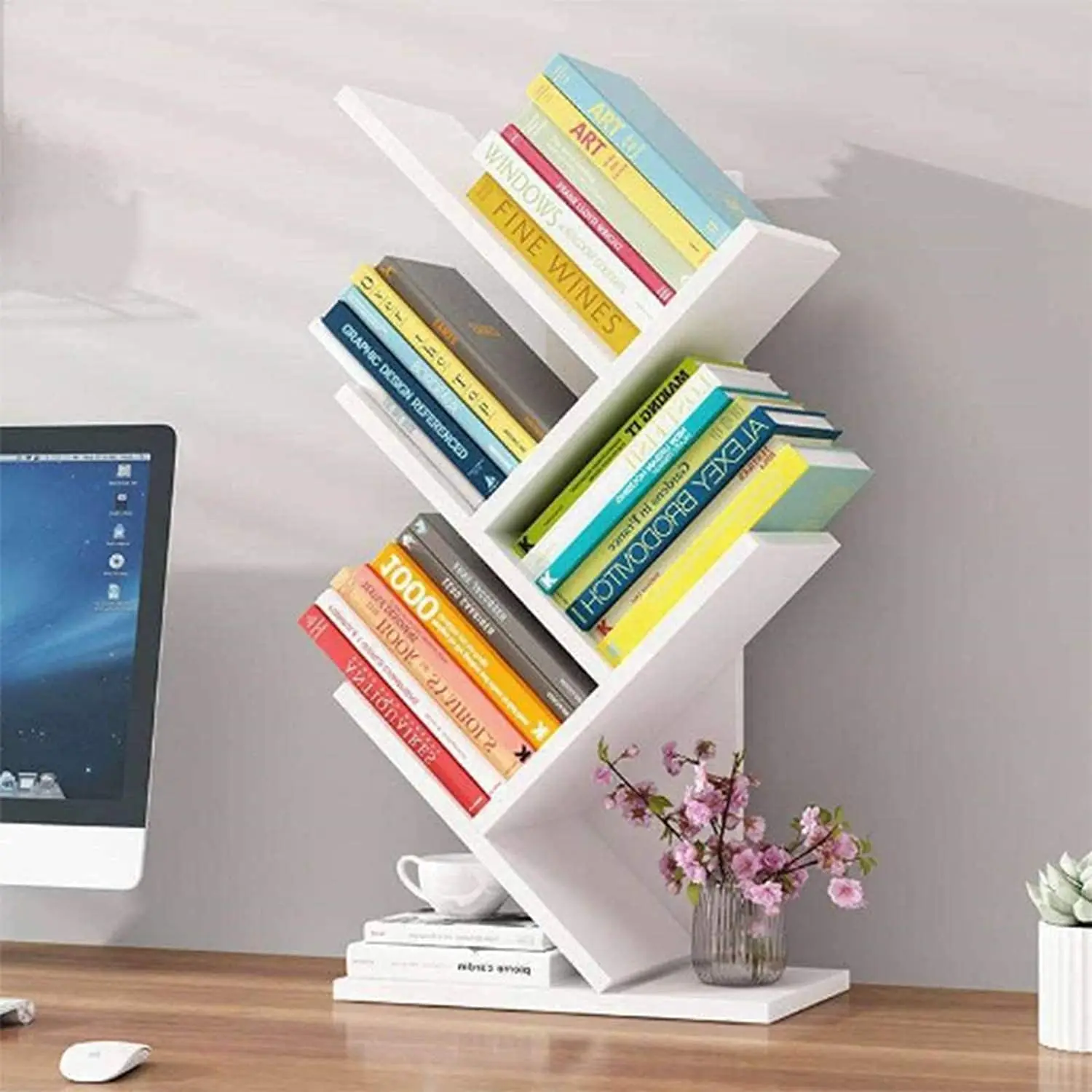 White Tree Small Bookshelf for Small Spaces Book Storage Organizer Case Open Shelves for Bedroom Living Room Office Wood Desktop