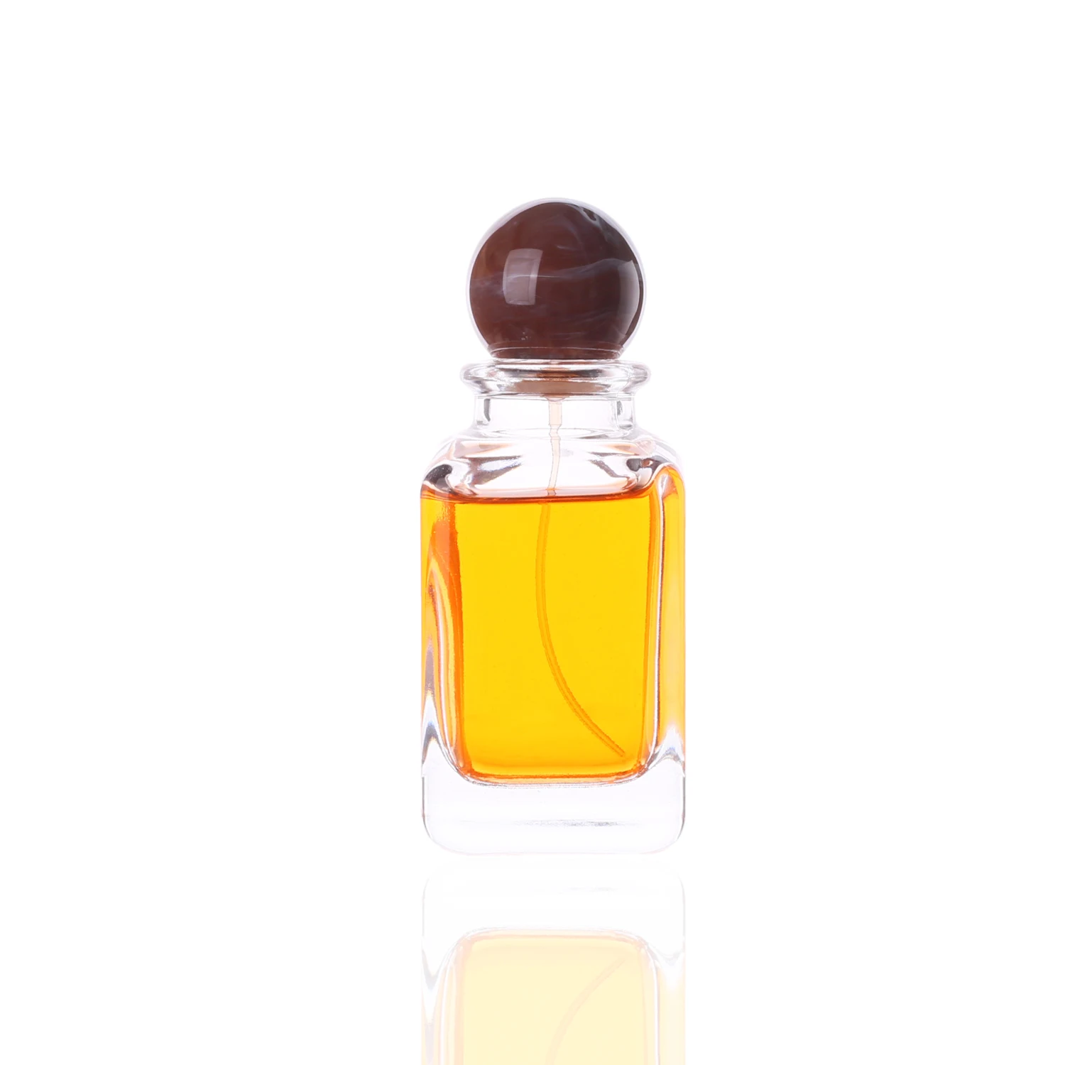 Hot Sale Wholesale Square Unique Shaped 30ml 50ml 100ml  Glass Perfume Bottles with Customized Colored Resin Ball Lids