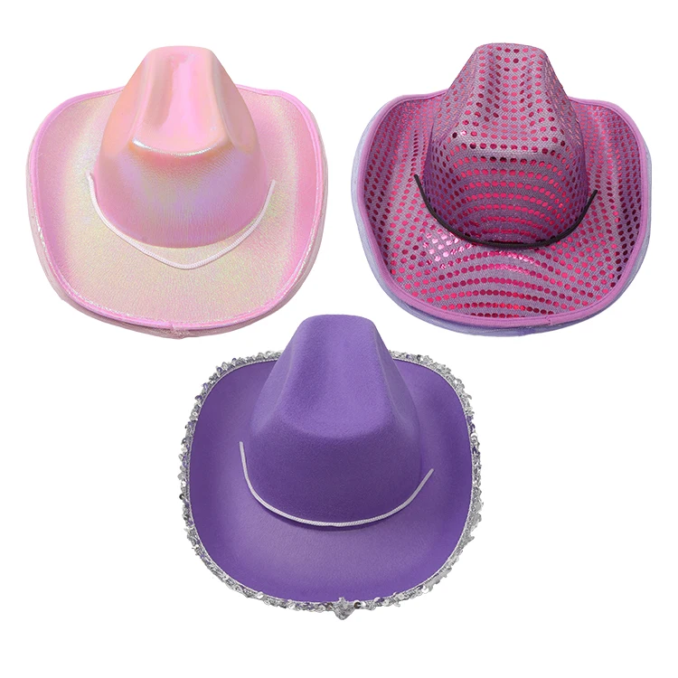 Pink Sequin Cowboy Hat and White LED Tiara Cowgirl Cowboy Hat with Veil for Bridal Party