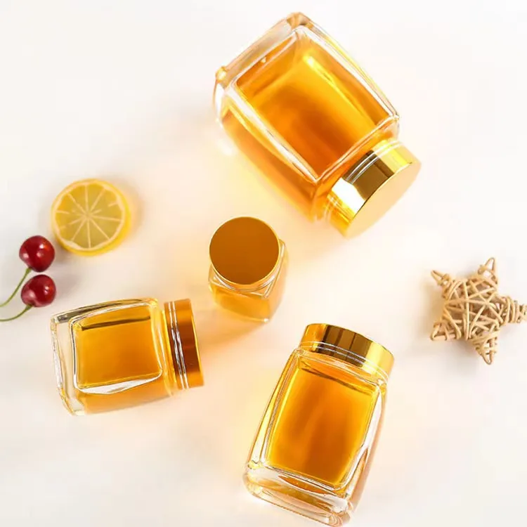 Wholesale square glass honey jar with screw metal lid glass bottle container