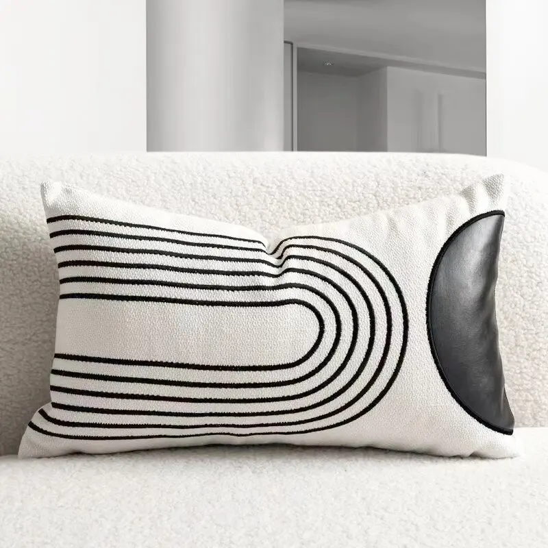 Nordic Simplicity Black & White PU Leather Patchwork Lumbar Throw Cushion Cover Light Luxury Geometric Pillow Case For Couch