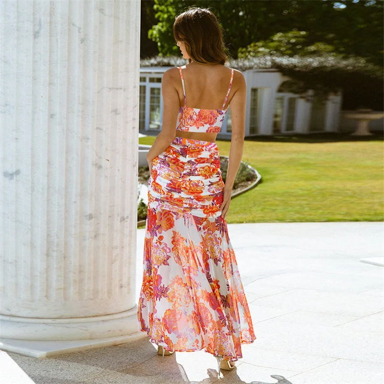 Two Piece Outfits Summer Women Skirt Suit Vacation Beach Women Crop Top Tank and Twist Side Split Long Skirts Matching Sets