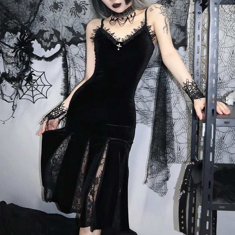 Women Evening Dress Summer Long Velvet Sexy Lace Patchwork Fishtail Dresses Elegant Baddie Clothes Grunge Y2k Vintage Dress