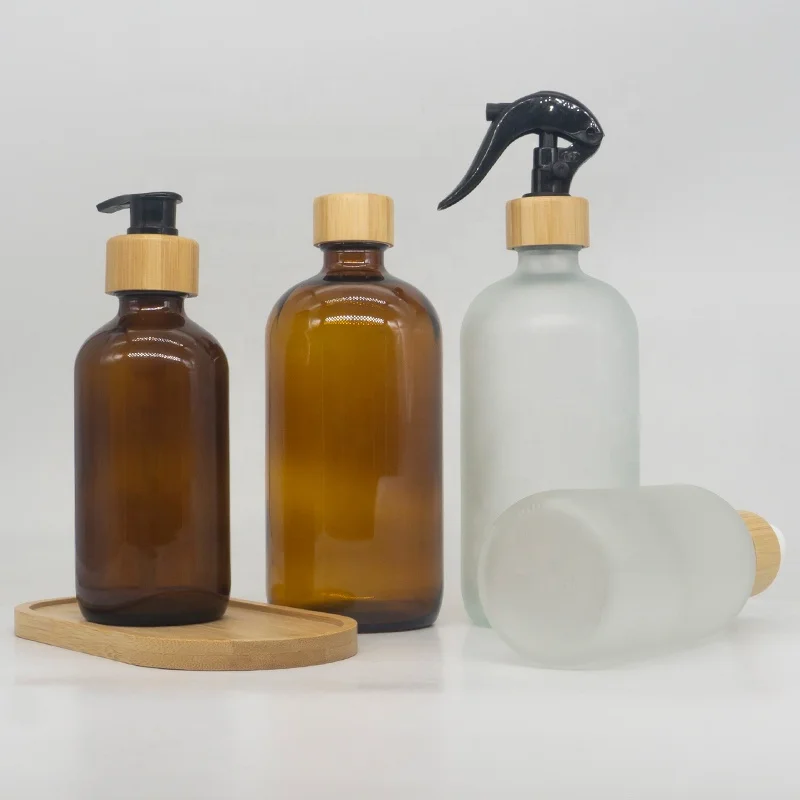 Luxury 500ml 16oz Empty Boston Round Clear Frosted Room Glass Spray Bottle with Trigger Sprayer and Silicone Sleeve for Cleaning