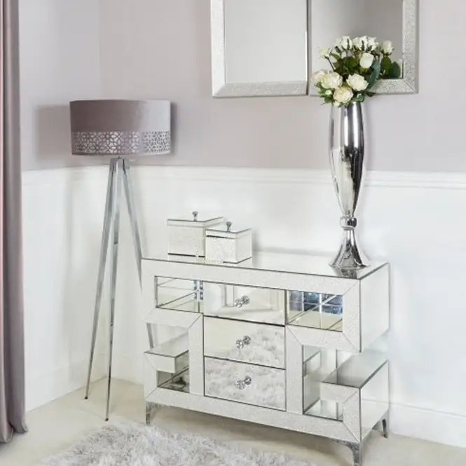 Мебель для дома, современная роскошная стеклянная зеркальная консоль для гостиной, сверкающий шкаф с 3 выдвижными ящиками и хрустальной ручкой для украшения дома
