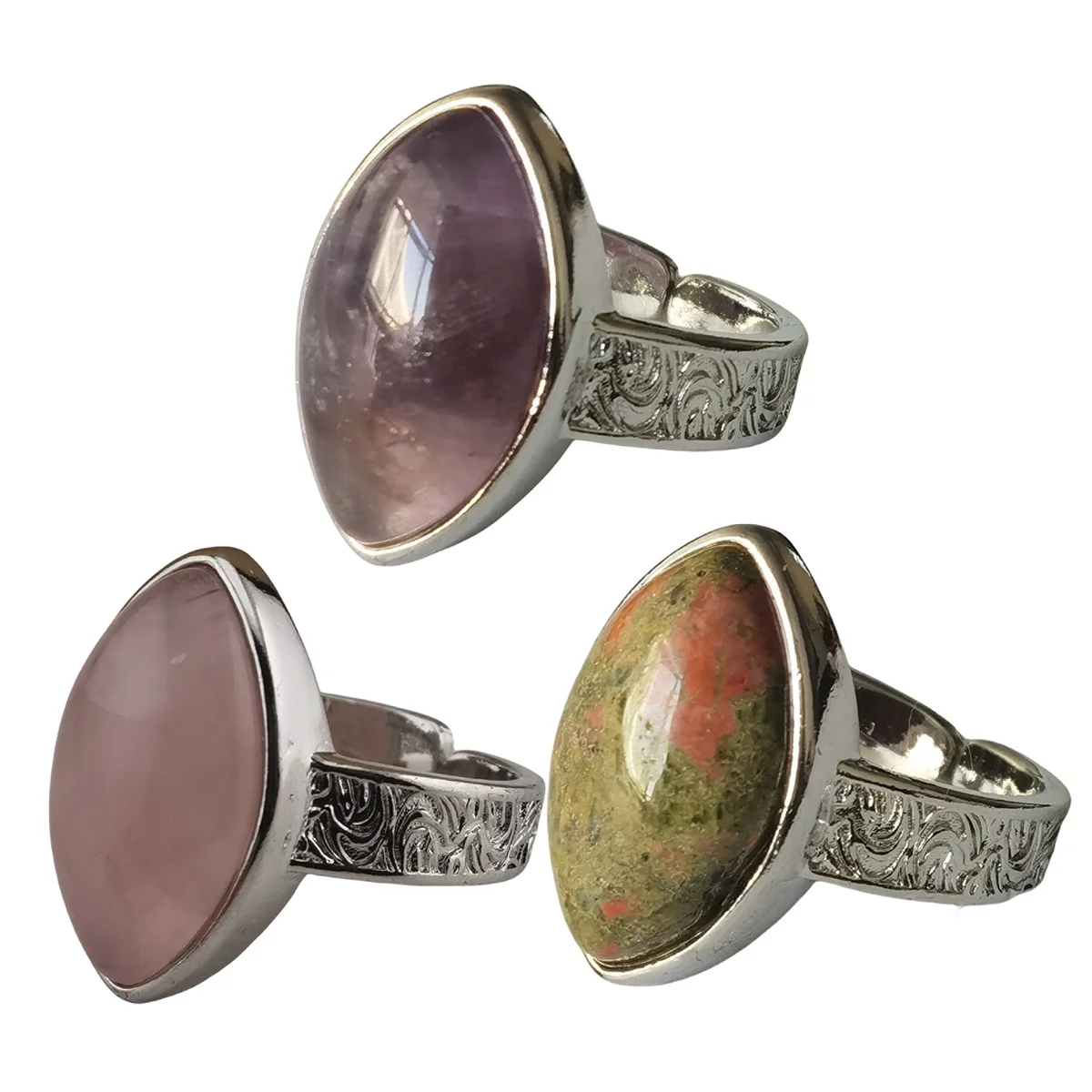 New Arrival Women Man Metal Small Finger Rings Jeweled Colourful Natural Horse Eye Shaped Gemstone Rings