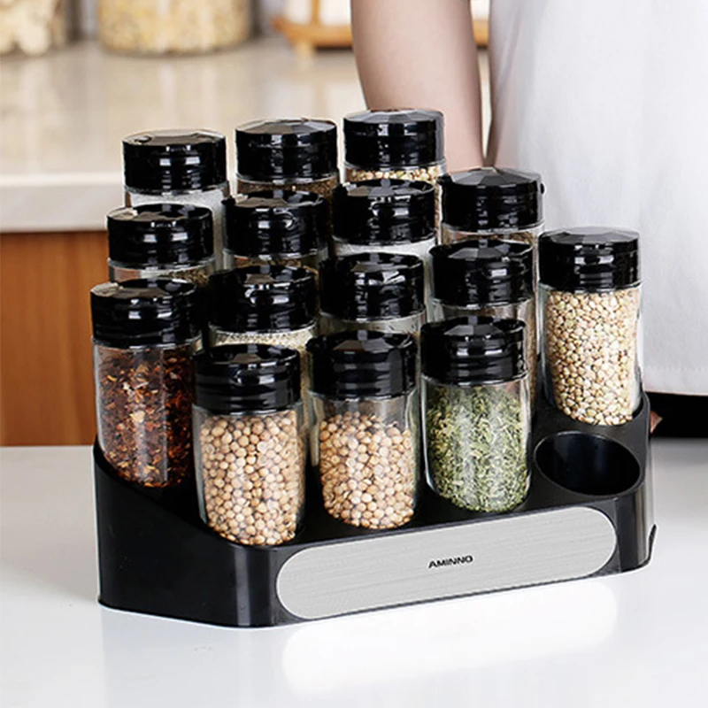 Premium Quality Modern Countertop Spice Rack Organizer with 16-Glass Jars with PP Rack for Solid Spice