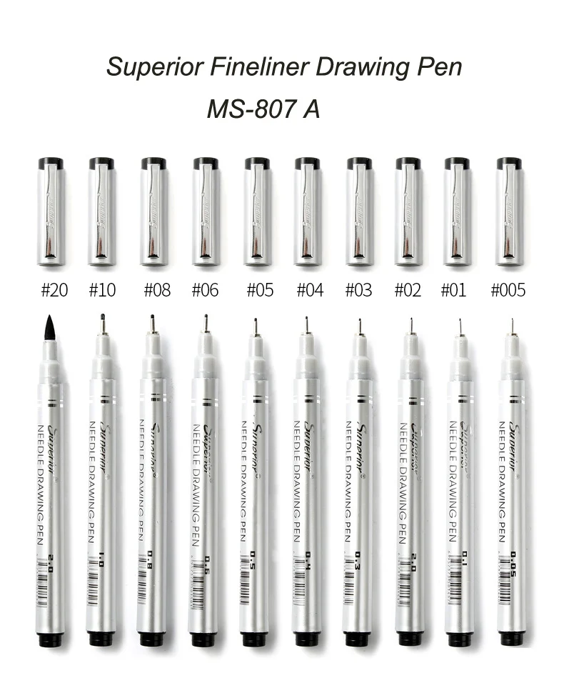 Superior Sliver Appearance Finliner Drawing Pen MS-807A 4pcs/8pcs/10pcs Set With Waterproof Pigment Ink
