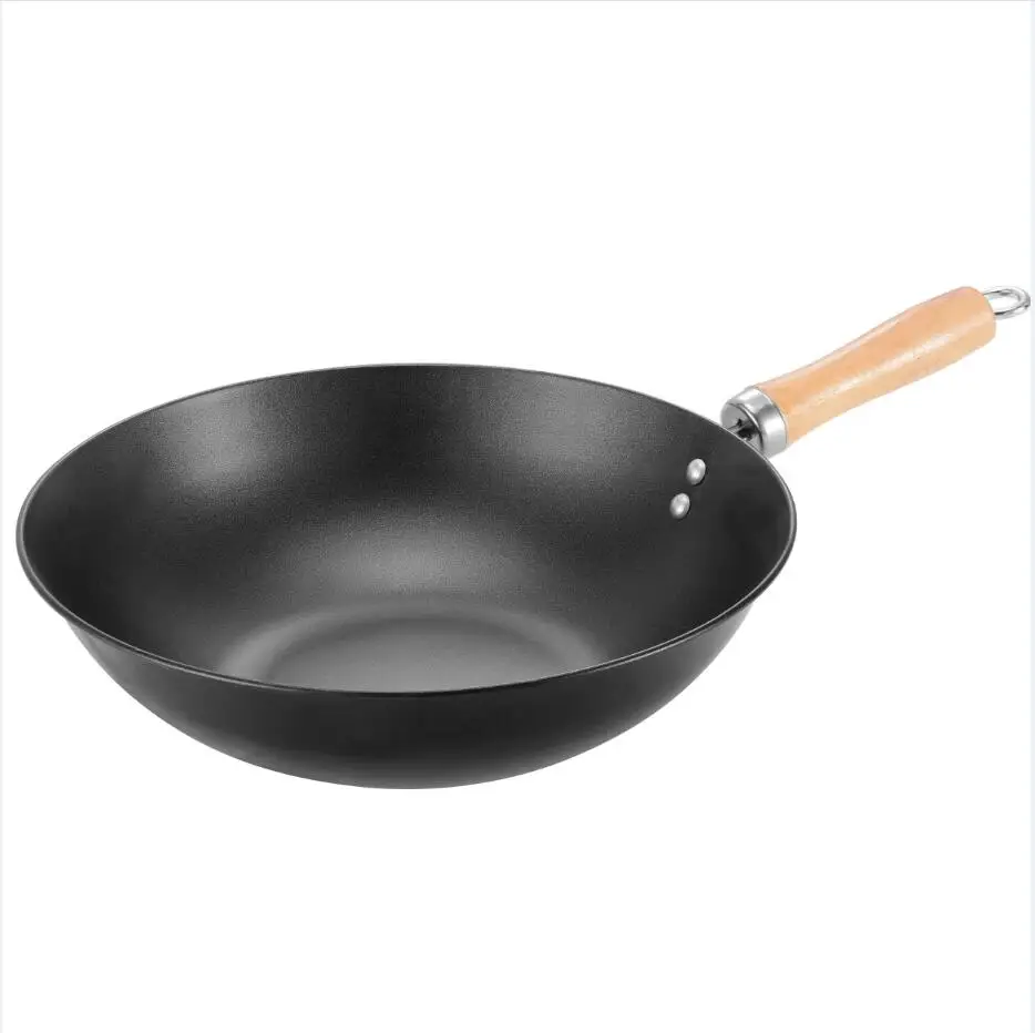Traditional Handmade 100% carbon steel Wok Thickening Non Coated Round Bottom Pan Wok Cook Large Cooking Pot Wood Handle Lid