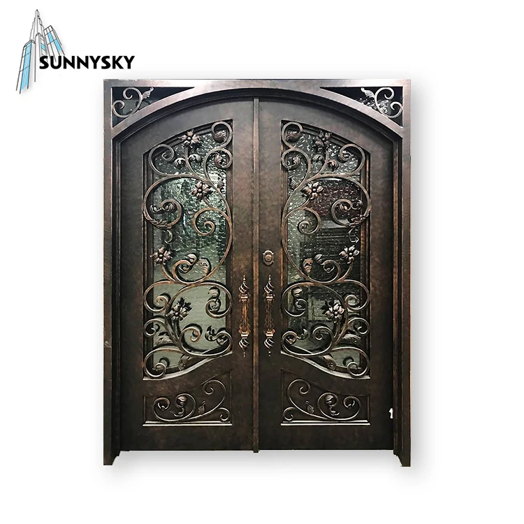 Sunnysky design European Security Home Arched Single Double Main Entrance Front Entry Wrought Iron Door Price
