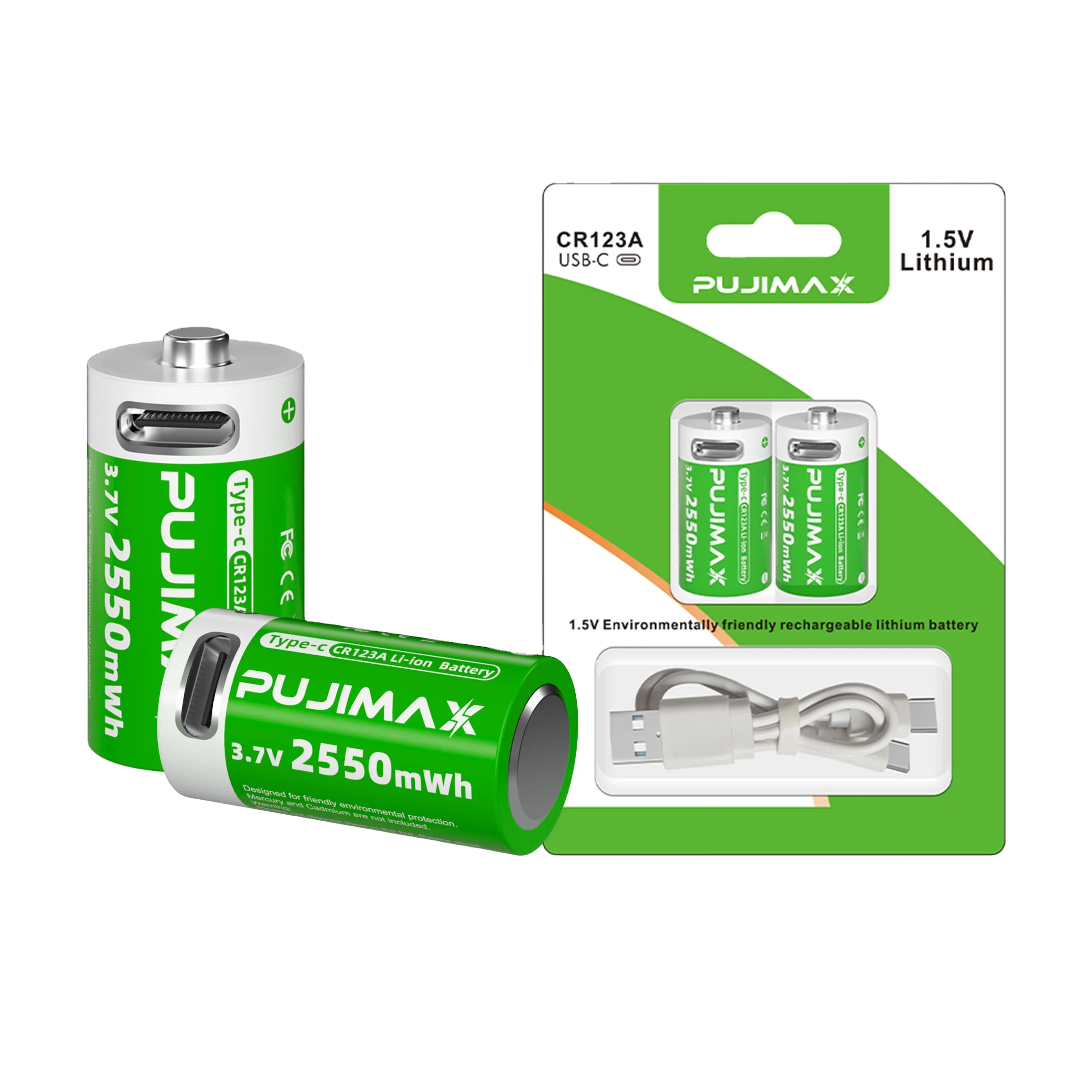PUJIMAX 2PCS 2550mWh CR123A New Models Suction Card Packing Rechargeable Li ion Batteries 3.7V USB C Charging Lithium Batteries