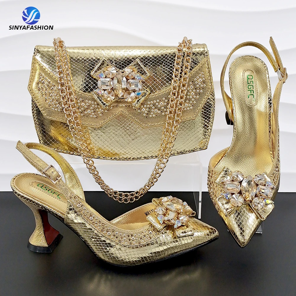 Ladies High Heel Fashion Rhinestone Handbag Shoe Bag Set High Quality Heel Italian Shoe Matching Bag Set For Party