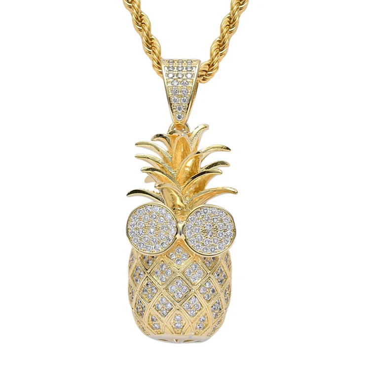 BES Hot Selling Hiphop Iced Out Bling Zirconia Pineapple Necklace Cute Fruit Pendant Necklace Gold And Silver Women Jewelry