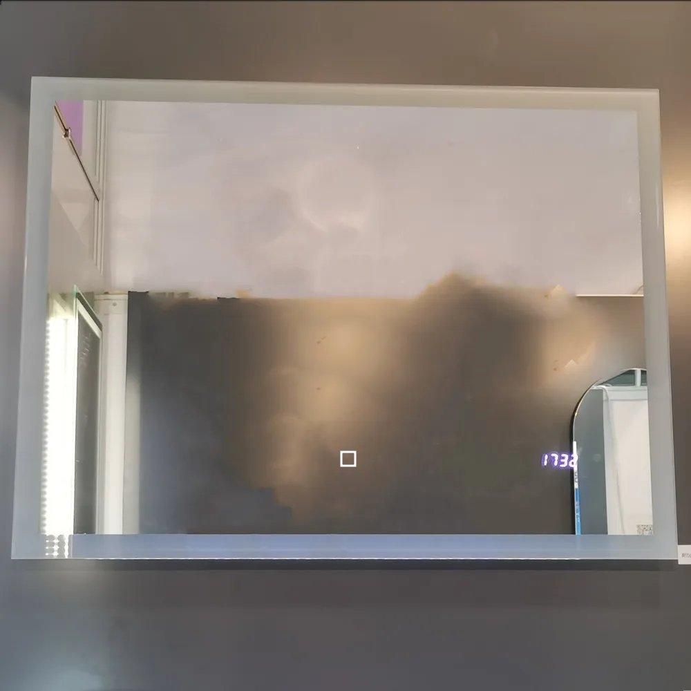 Length 80 *60 cm Rectangle Digital clock,Dimmable, 3 Color Temperature, fogless shower mirror LED Lighting Illuminated,frameless