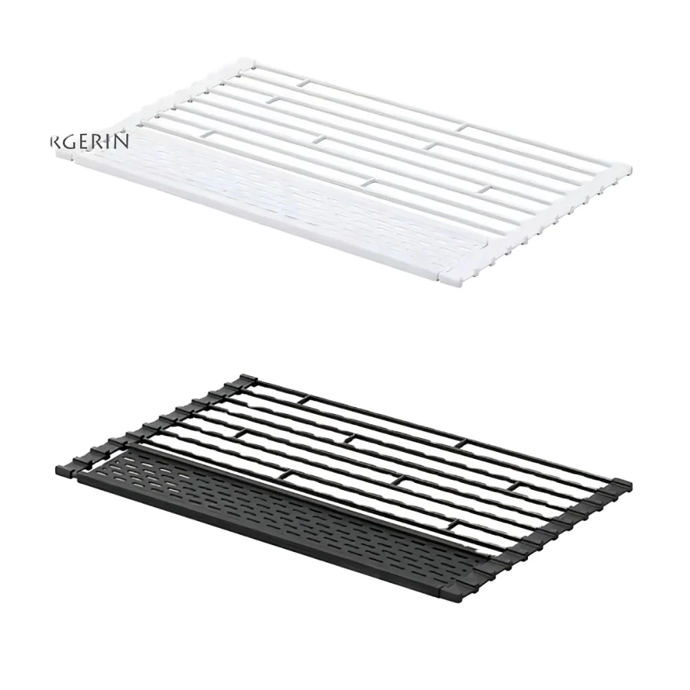 Kitchen Sink Drain Stand Foldable Dish Basket Bowl Roller Curtain Mat Stand Separately Removable Strong Bearing Capacity