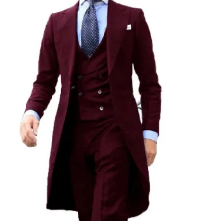 New Arrival  Long Coat Design Chinese Red Men Suit Gentle Male Tuxedos Prom Blazer Costume 3 Pieces groom wedding