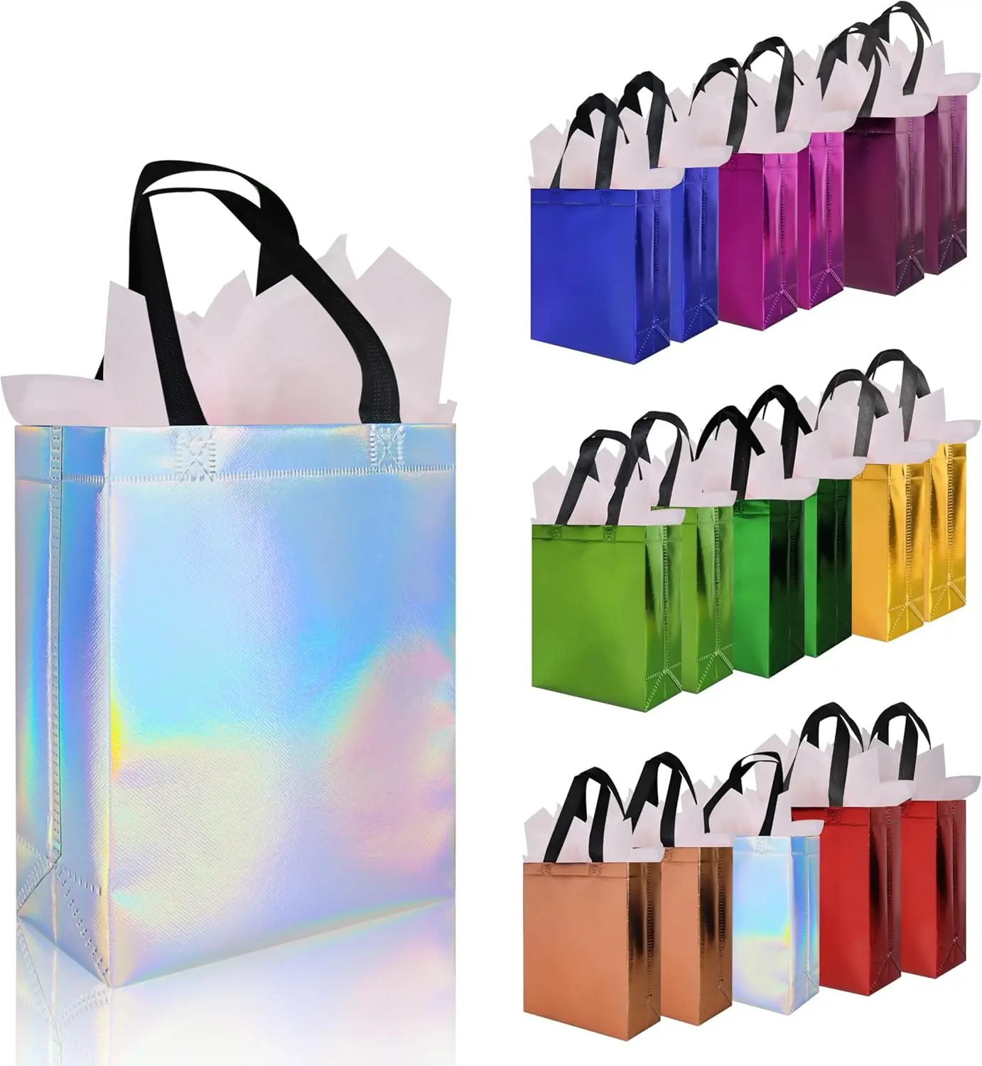 8x3.9x9.8 In 100hsmNon-woven Reusable Party Goodie Bags, Glossy Small Iridescent Gift Bags with Sturdy Bases for Birthday Party/