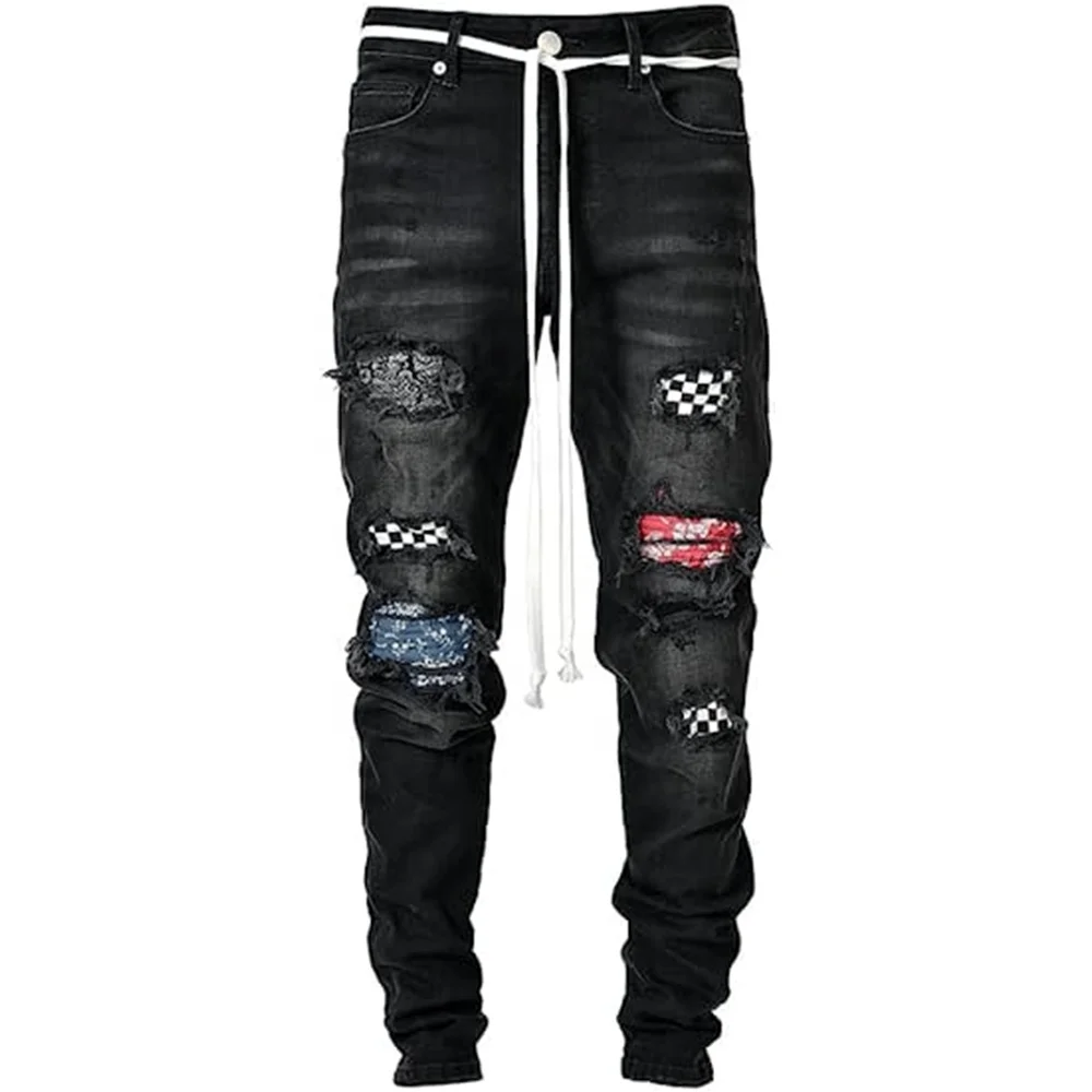 IDEALSANXUN Mens Ripped Stretch Jeans Casual Slim Fit Distressed Plaid Pattern Skinny Biker Jeans