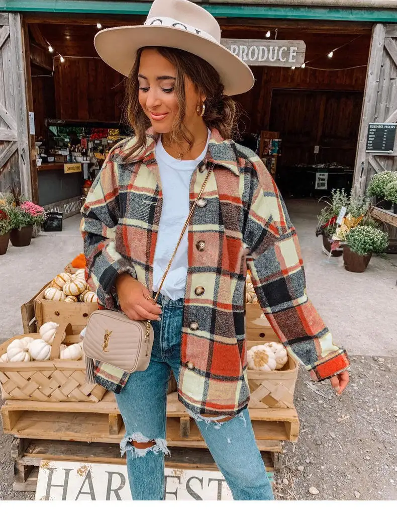 2022 Wholesale Women Clothes Outdoor Jacket Women Plaid Shacket Ladies Flannel Jacket