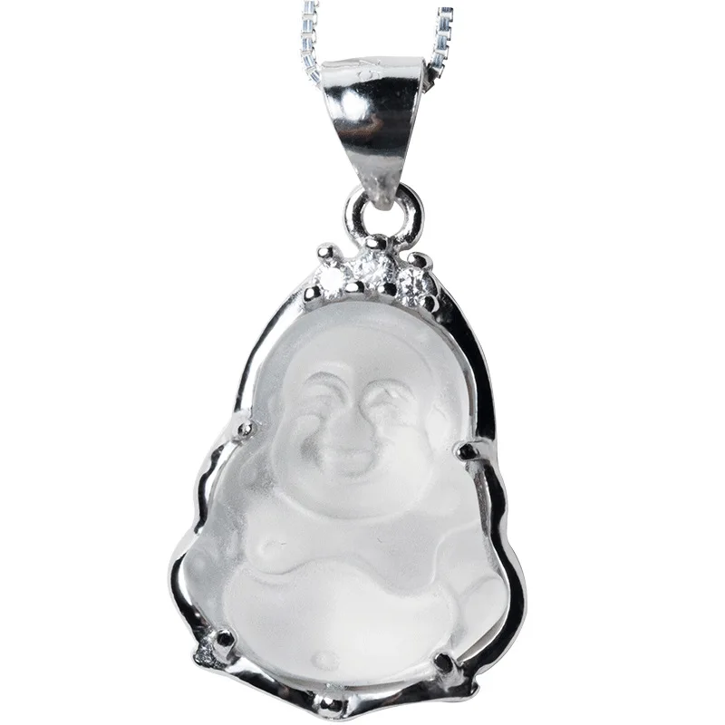 
S925 God Smile Buddha pendant Maitreya synthetic white crystal amulet good luck necklace for men and women buddah necklace 
