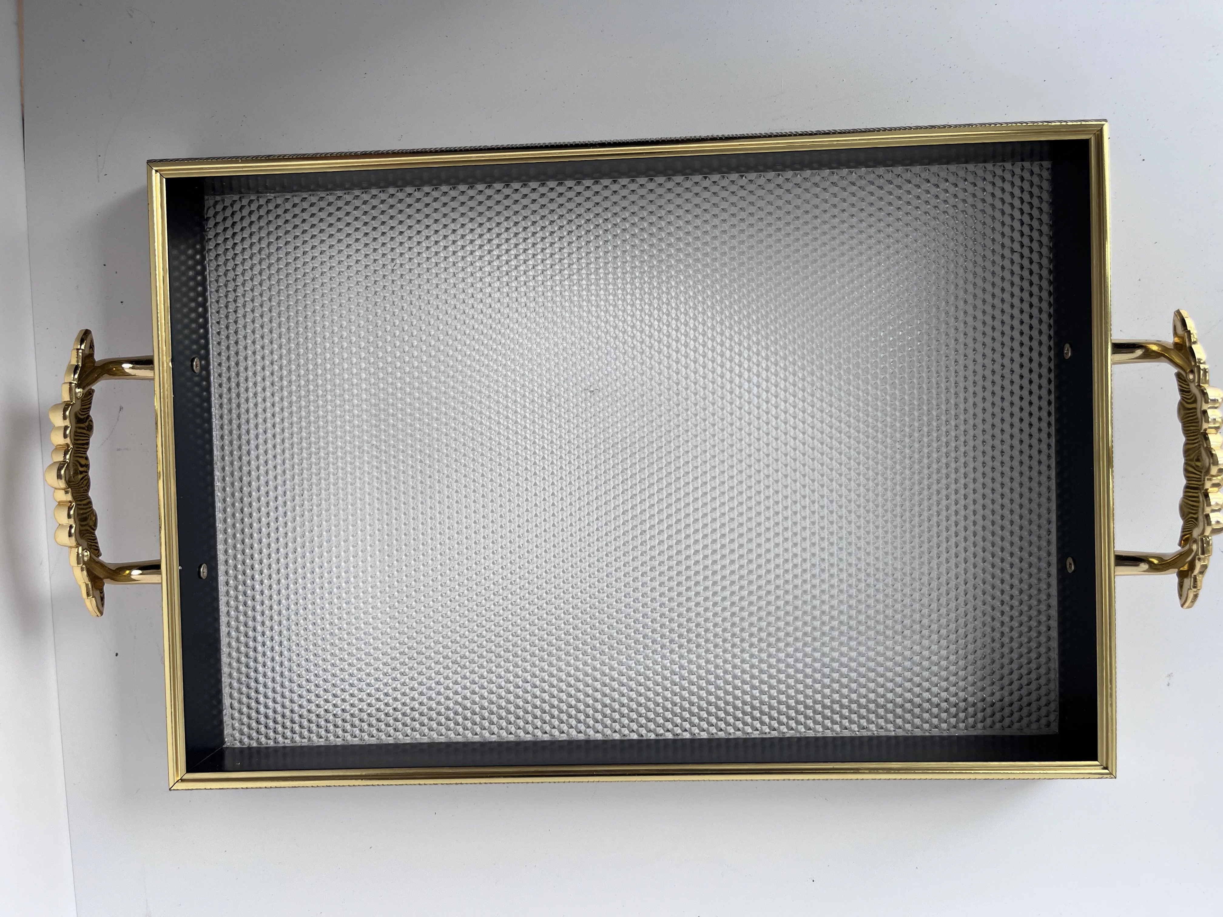 Customized acrylic bottom Black gold line carving decoration Serving Trays with beautiful handle