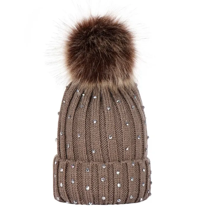 New design children big pompom ball wool winter hat rhinestone wholesale fashion knit baby kids diamond hats