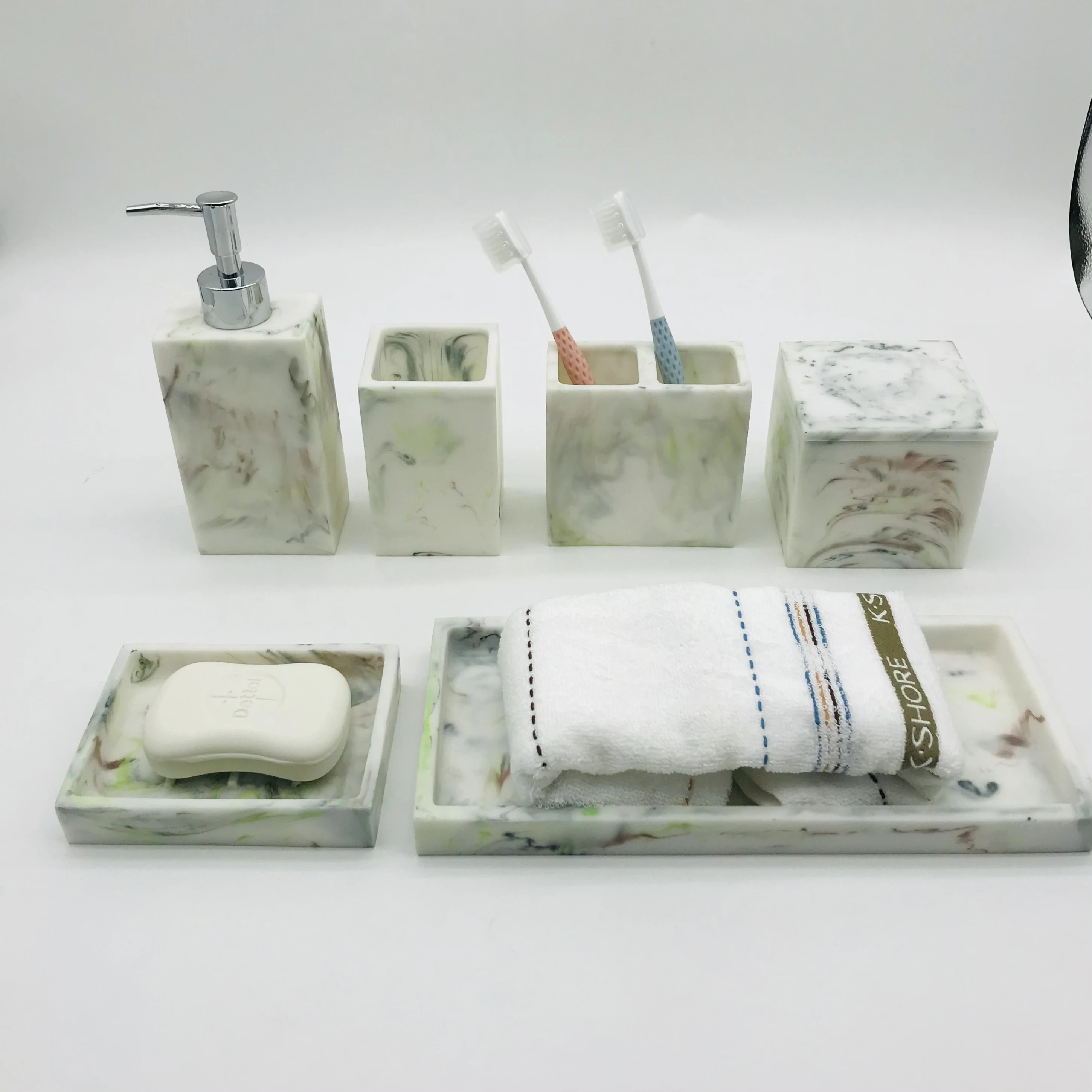 6 Pieces designers bathroom sets Green Marble Effect Resin Bathroom Accessories Set Sanitary Ware Suite