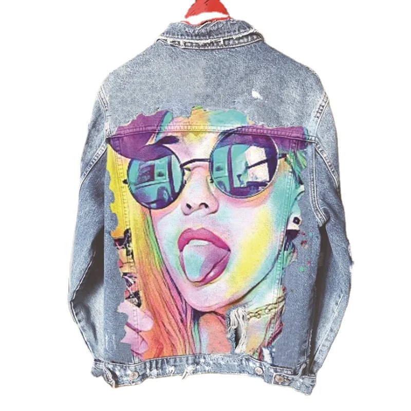 2023 autumn high quality fashion cartoon print jeans jacket top women long sleeve chaqueta vintage denim coats streetwear