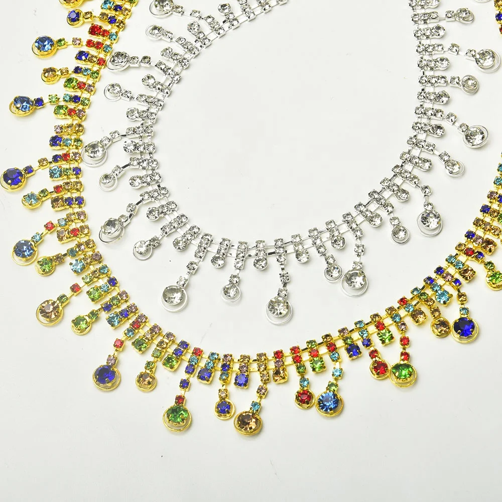 Colorful Circle Pendant Rhinestone Tassel Trim Bling Crystal Fringe Chain Sew on Shoes Clothing Accessories