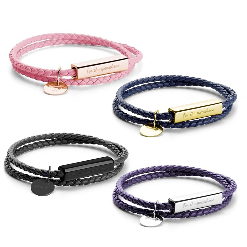 Wholesale Unisex Couple Woman Magnetic Clasp Leather Cords Stainless Steel Custom Logo Leather Bracelet With Charm