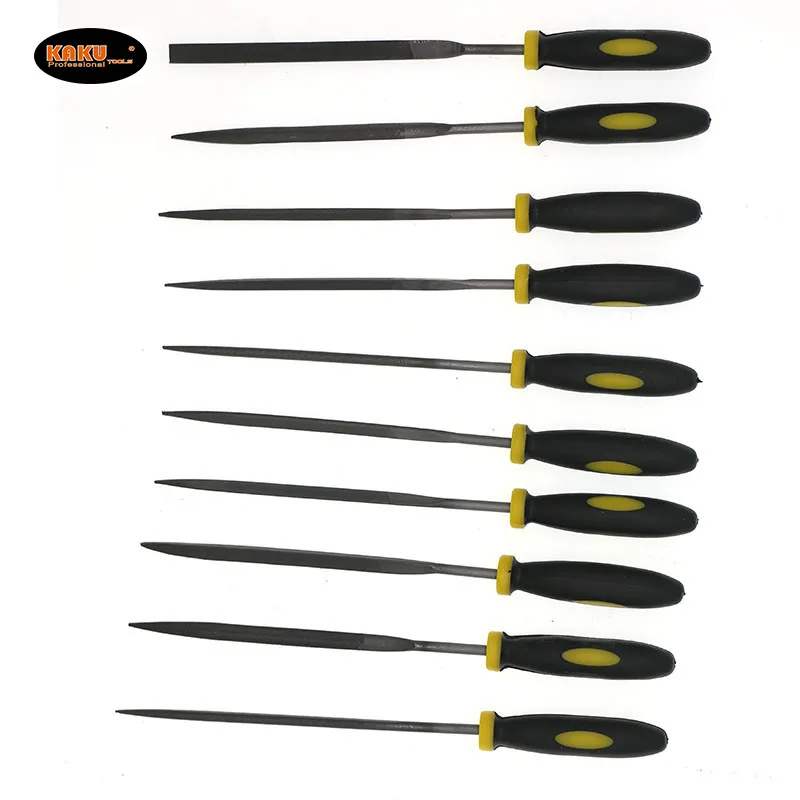 KAKU 140mm 10pcs Metalworking Needle Files Set Flat Square Triangular Round File Tool