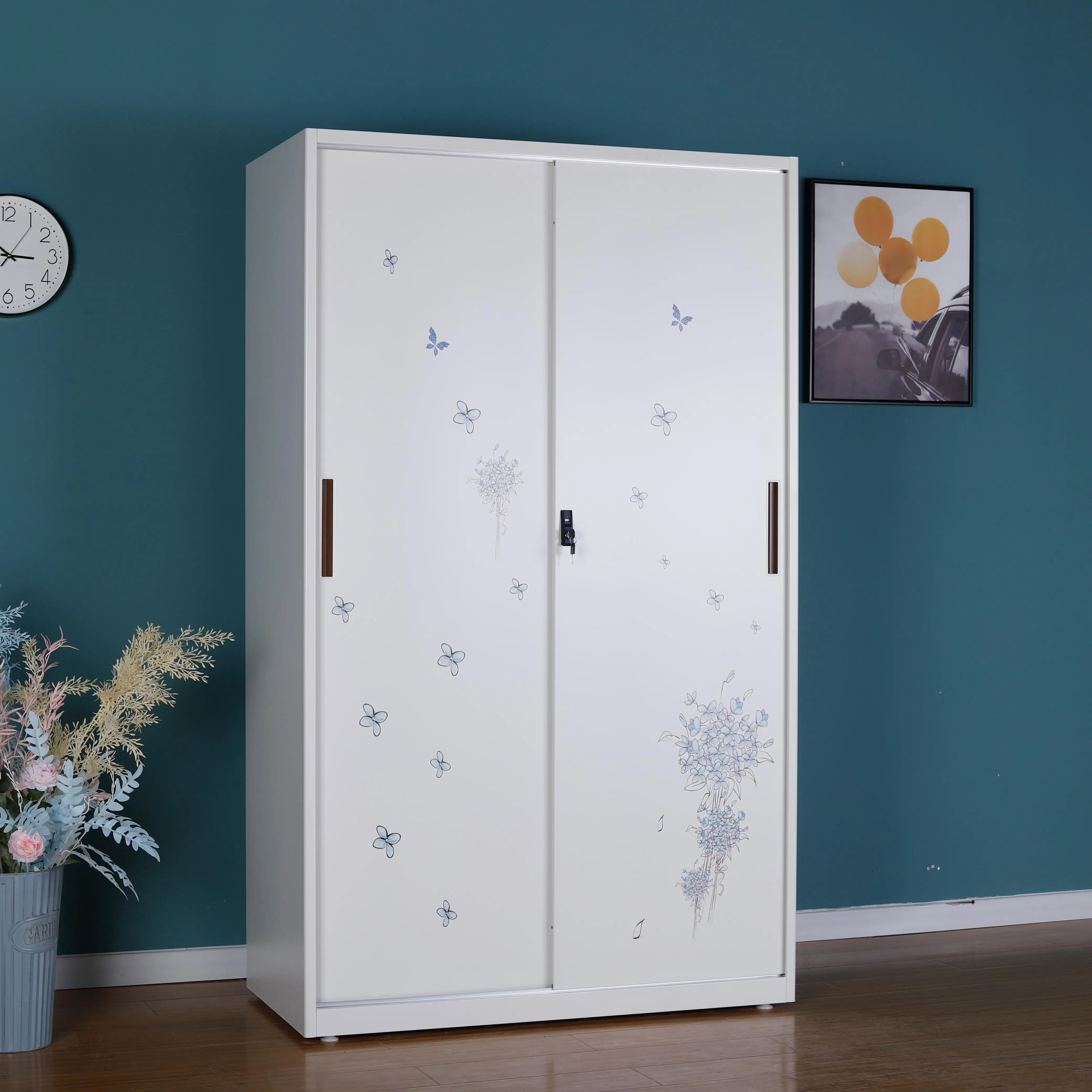 Home Sliding Metal Furniture Bedroom Cheap Lemari Pakaian Closet Cabinet Children Kids Pattern Cloth Baby Wardrobe for Child