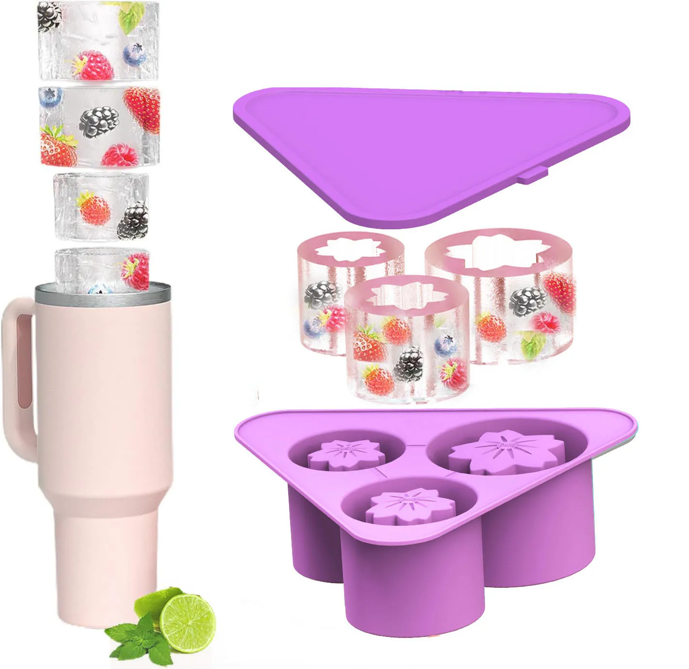 Creative Ice Cube Silicone Mold Tray With Cover Large 3d Cylinder Triangle Shape Silicone Ice Cube Mold For Stanley Cup