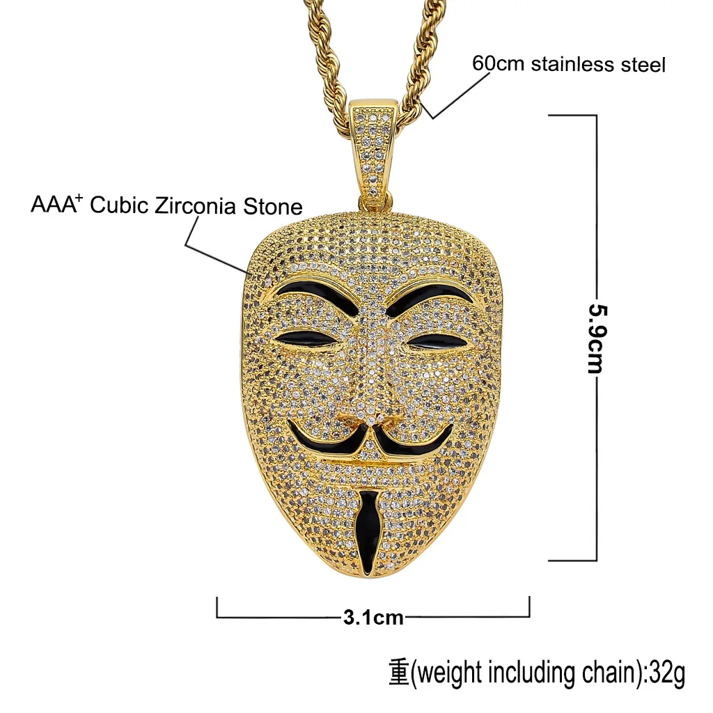 Men Pendant Gold Plated Iced Out CZ Full Diamond BLING Movie Revenge Team V-Vendetta Smiley Face Necklace