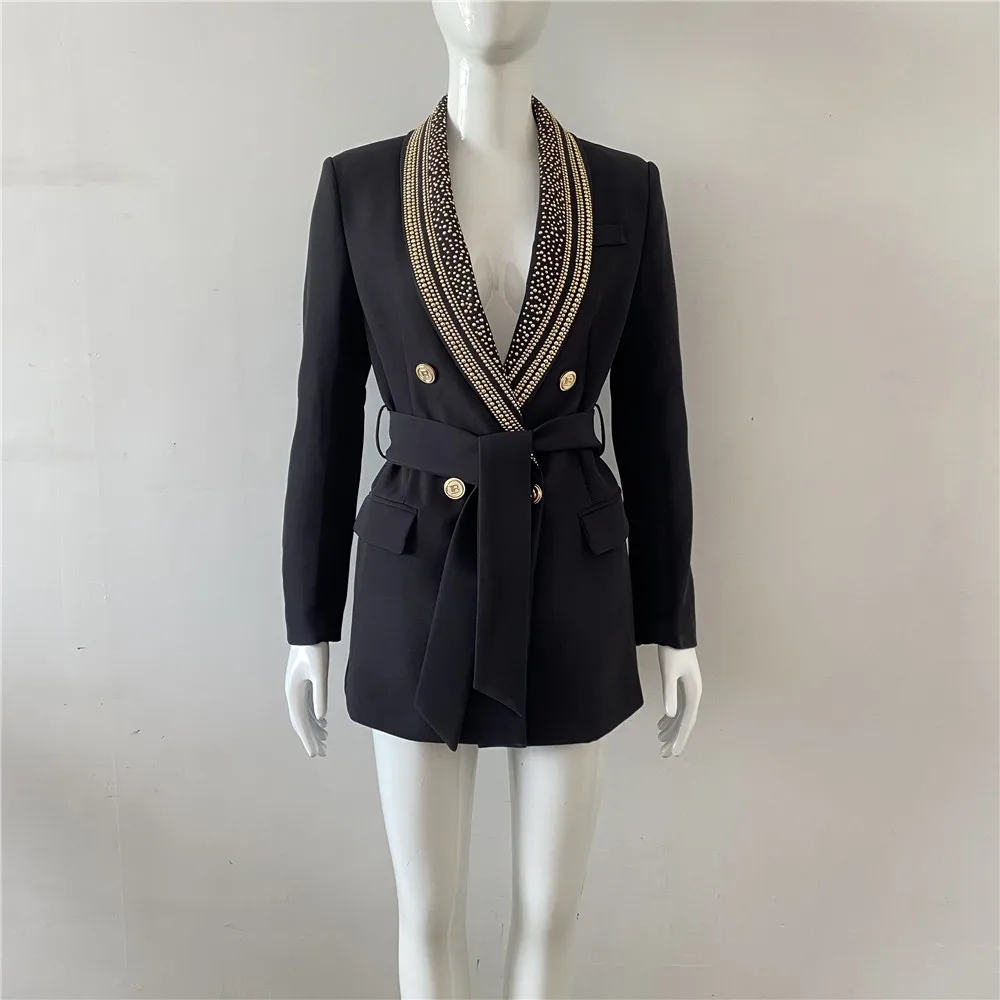 H3295 Customized Office Lady V-Neck Double Beaded Outfit Black Full Sleeves Blazers Ladies Women