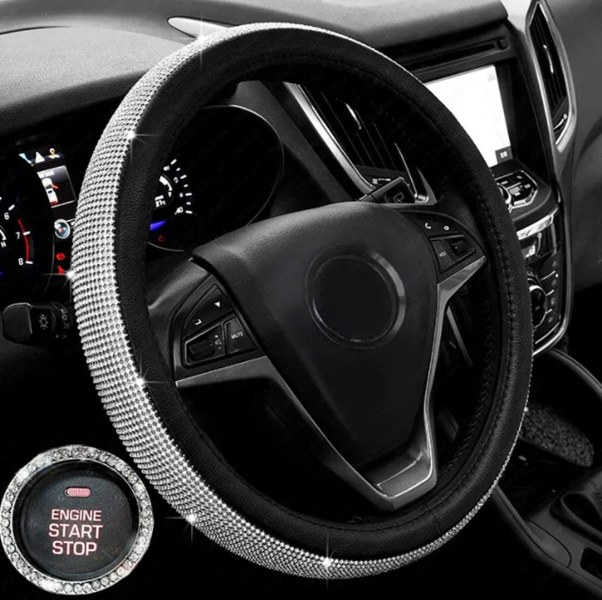 
Luxury Crystal Diamond Rhinestones leather Auto steering wheel cover Car Interior Set Accessories car steering wheel cover 
