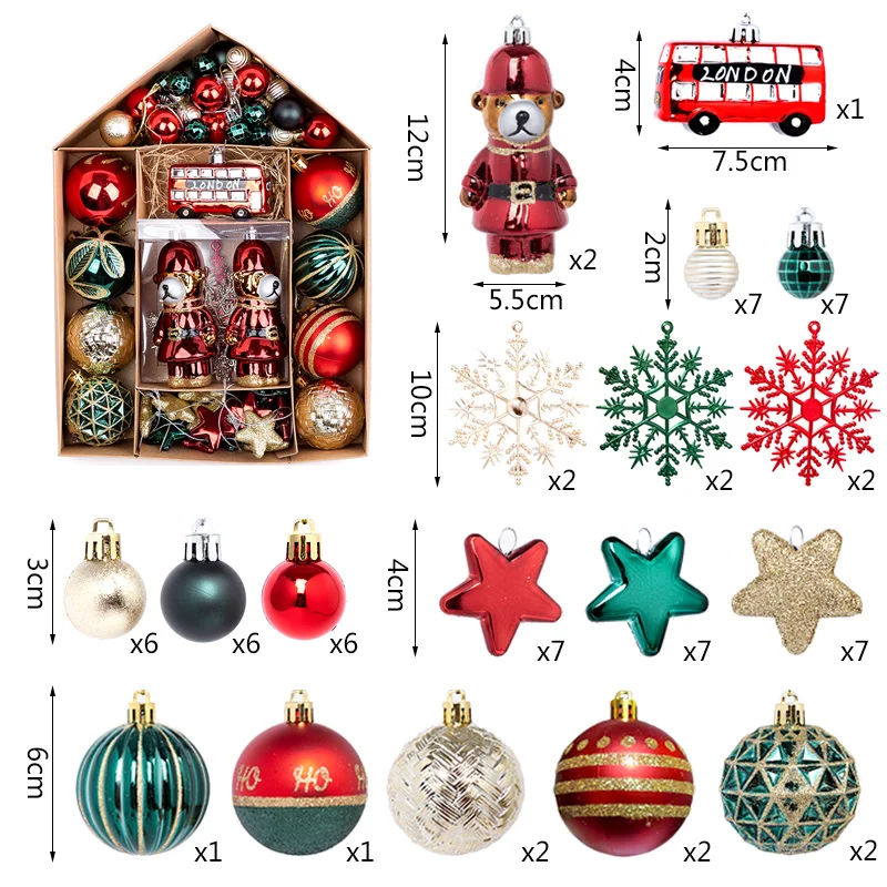 70pcs Assorted Christmas Ball Ornaments Set Shatterproof Red Green Christmas Baubles Pendants for Christmas Tree Party Decor