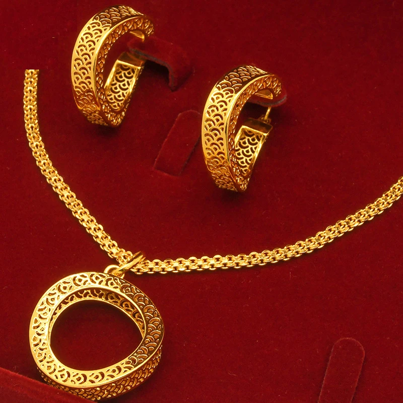 24K Gold Plated Two Pieces Copper Jewelry Set India Dubai Sand Gold Twisted Geometry Necklace Earrings Jewelry