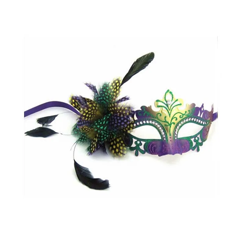 Plastic Mardi Gras Mask With Dot Feather On Side