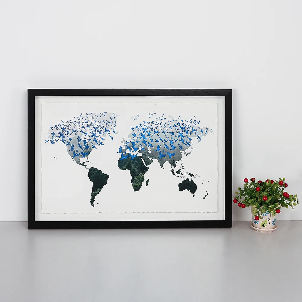 Framed painting wall decor with world map wall art
