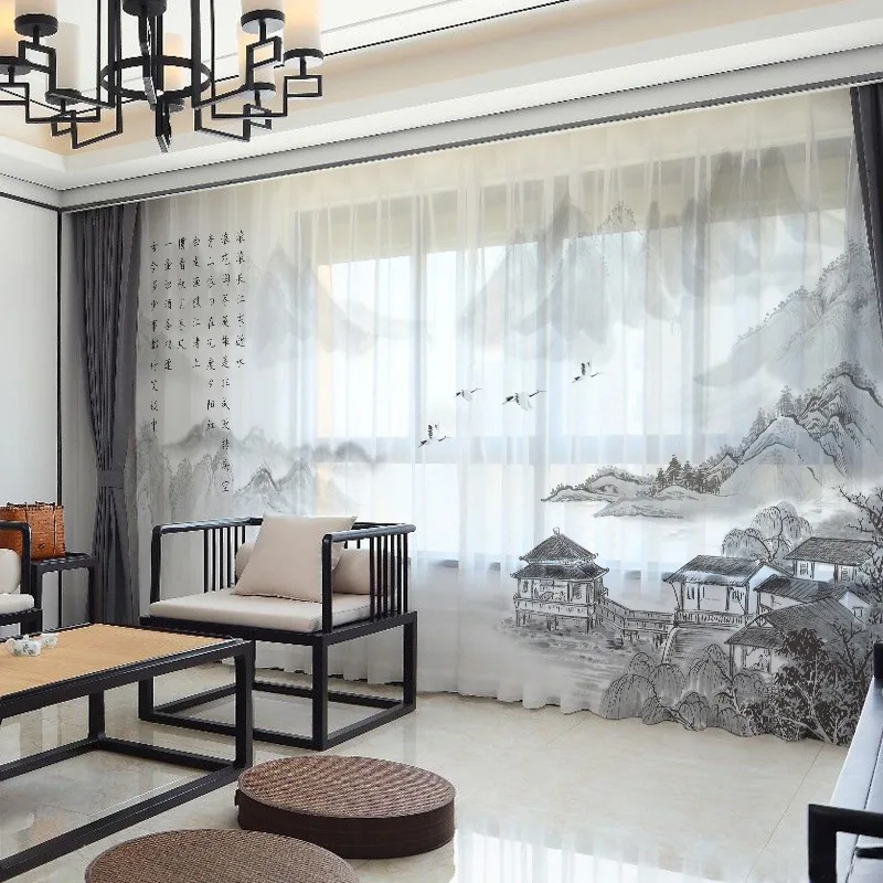 Modern New Chinese Ink Landscape Painting Living Room Study Bedroom Curtain Window Screen