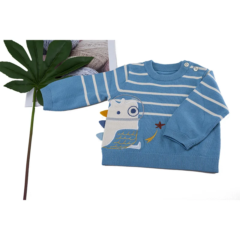 Custom OEM Serve  baby boys knitted cotton sweater Crew Neck sweater cute animal embroidery striped baby boy pullover sweater