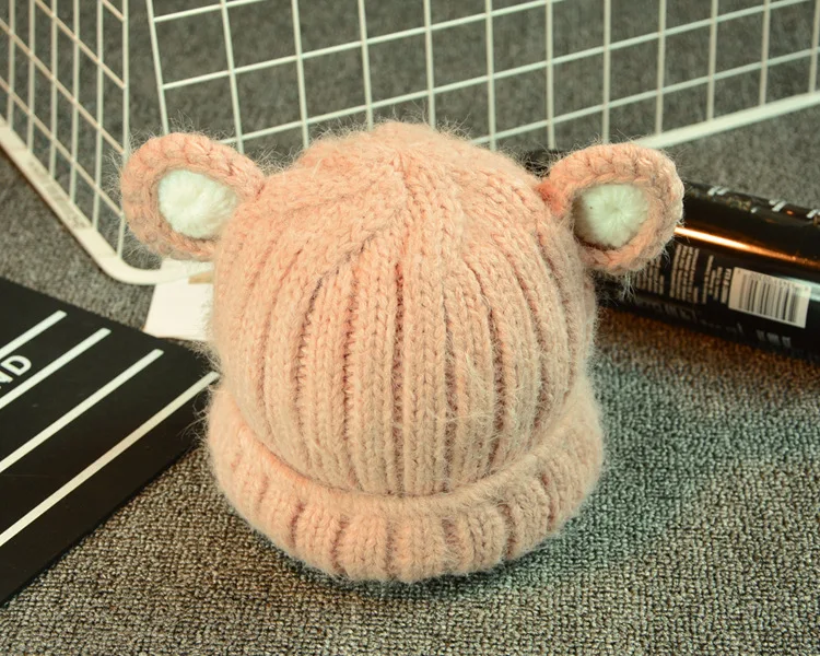 Wool Yarn Skullies Beanie Knitted Hat Cap Earmuffs Kids Winter Hat Lovely Cat Ears Baby Hat M0122