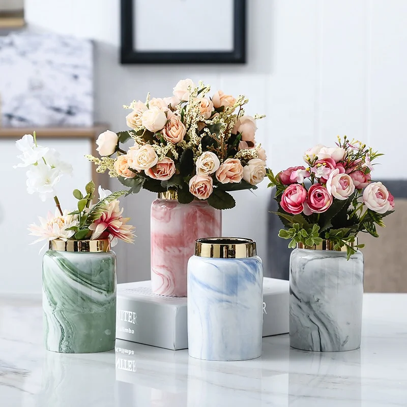 INS Light and Luxury Marble Electroplated Ceramics Cosmetic Home flower pot(Golden edge)