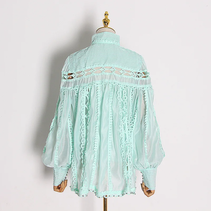 Fashion Women Clothing Balloon Sleeve Hollow Out Nail Bead Lace Blouse Elegant Top Stand Woven Longsleeve Summer Blouse Green