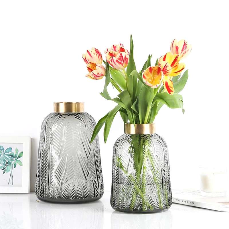 Amazon Ins creative Nordic tabletop large Glass Vase leaf pattern with gold-rimmed home Decorative Flower Glass crystal Vases