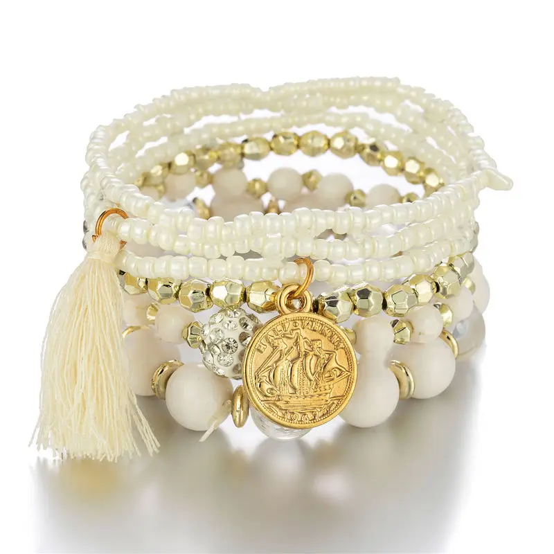 HOVANCI Gold Coin Beautiful Women Bracelets Matching Multilayer Tassel Charm Beads Bracelet