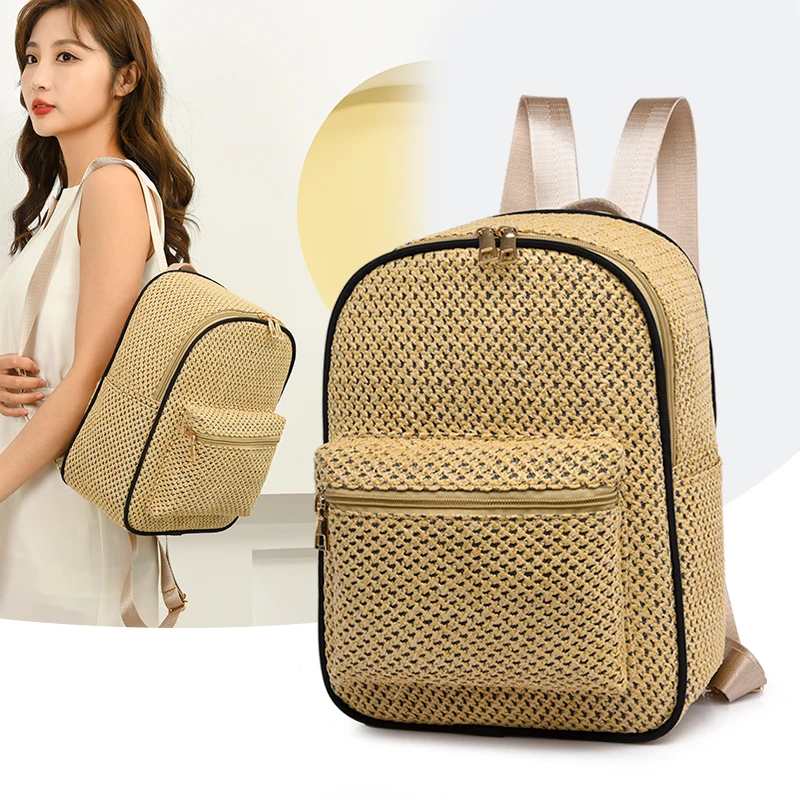 LE7010 Women Straw Beach Handbag Backpack Shoulder Handbags Summer Beach Woven Handmade Outdoor Multi-functional Ladies Bags