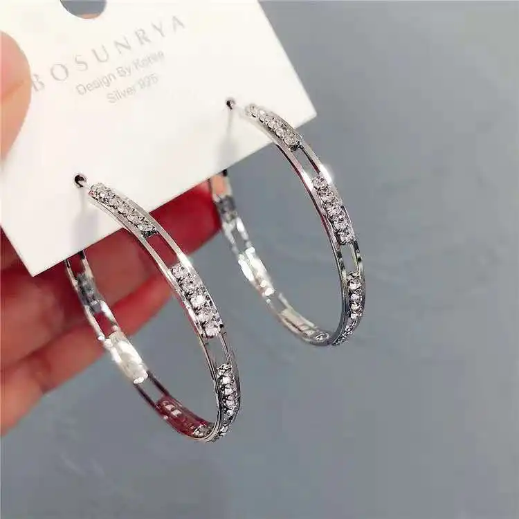  2021 New Gold Color Crystal Hoop Earrings for Women Rhinestone Round Circle Zircon Statement