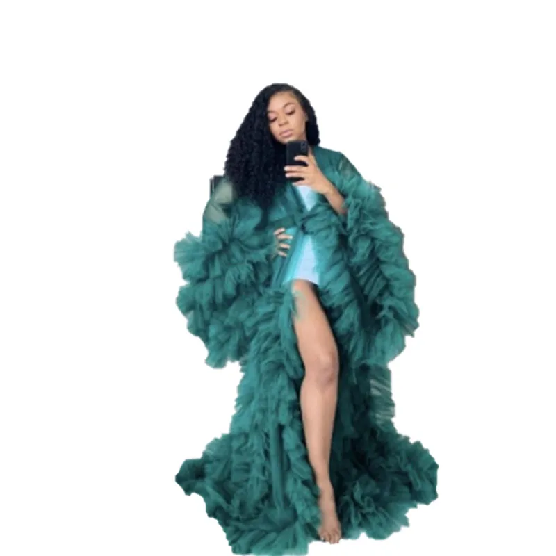 
Factory Tulle Ruffles Black Long Kimono Tiered Ruched A-line Prom Gowns Puffy Sleeves African Cape Cloak Sexy Lingerie 